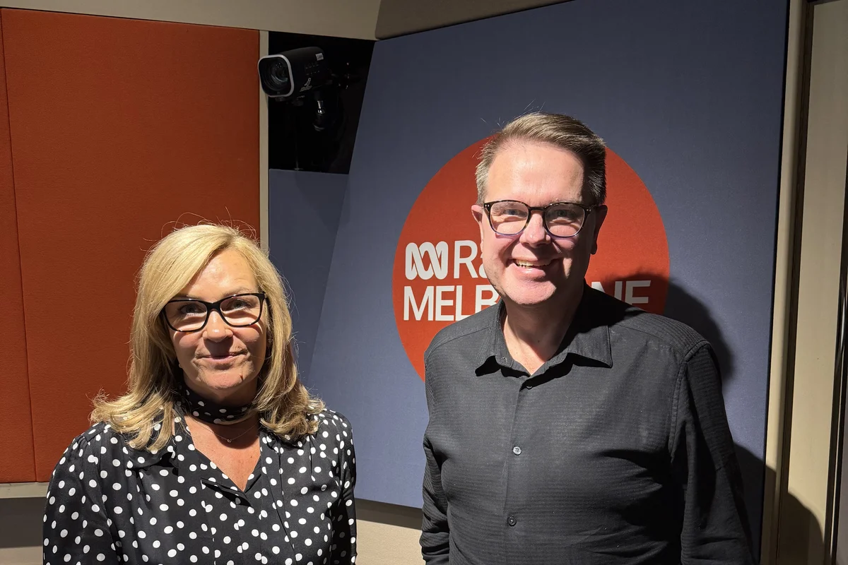 Mark Vos with Ali Moore in the ABC Radio Melbourne studio for her second-last Drive show